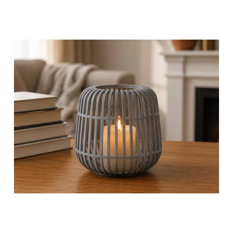3D Baskı Modern Kafes Tasarımlı Dekoratif Mumluk - Tealight Mumluk, Masaüstü Ev ve Ofis Dekoru-Gri