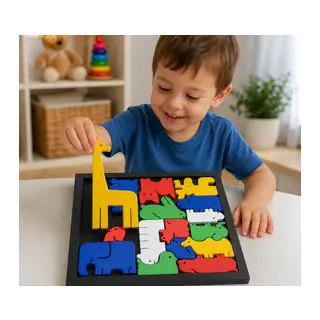3D Baskı Hayvan Figürlü Ahşap Görünümlü Puzzle Oyunu - Eğitici Zeka ve Şekil Eşleştirme Oyuncağı