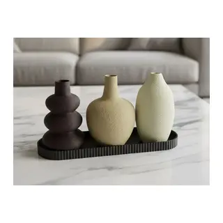 3D Baskı 3lü Dekoratif Vazo Seti ve Sunum Tepsisi - Modern Minimalist Masa Dekoru