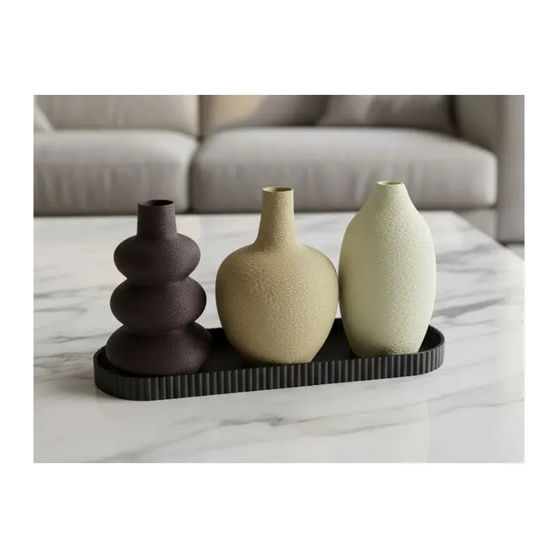 3D Baskı 3lü Dekoratif Vazo Seti ve Sunum Tepsisi - Modern Minimalist Masa Dekoru