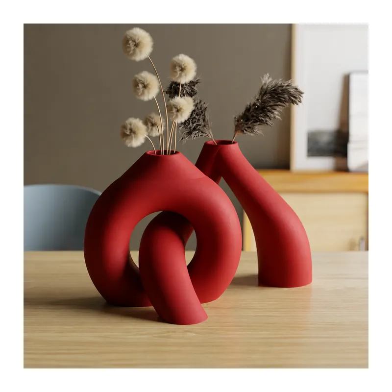 3D Baskı Interlocking Vazo - İç İçe Geçen Dekoratif Vazo-Kırmızı