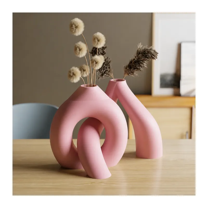 3D Baskı Interlocking Vazo - İç İçe Geçen Dekoratif Vazo-Pembe