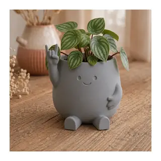 3D Baskı Smiley Face Planter - Gülümseyen Karakterli Saksı-Gri