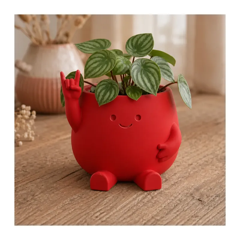 3D Baskı Smiley Face Planter - Gülümseyen Karakterli Saksı-Kırmızı