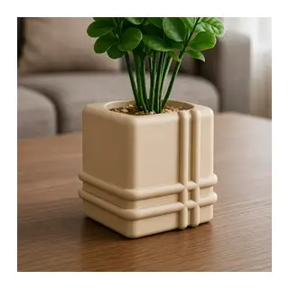 3D Baskı Square Planter - Izgara Desenli Küp Saksı-Bej