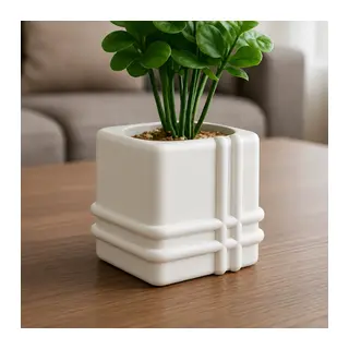 3D Baskı Square Planter - Izgara Desenli Küp Saksı-Beyaz