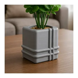 3D Baskı Square Planter - Izgara Desenli Küp Saksı-Gri