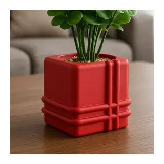 3D Baskı Square Planter - Izgara Desenli Küp Saksı-Kırmızı