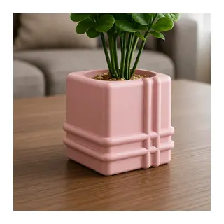 3D Baskı Square Planter - Izgara Desenli Küp Saksı-Pembe