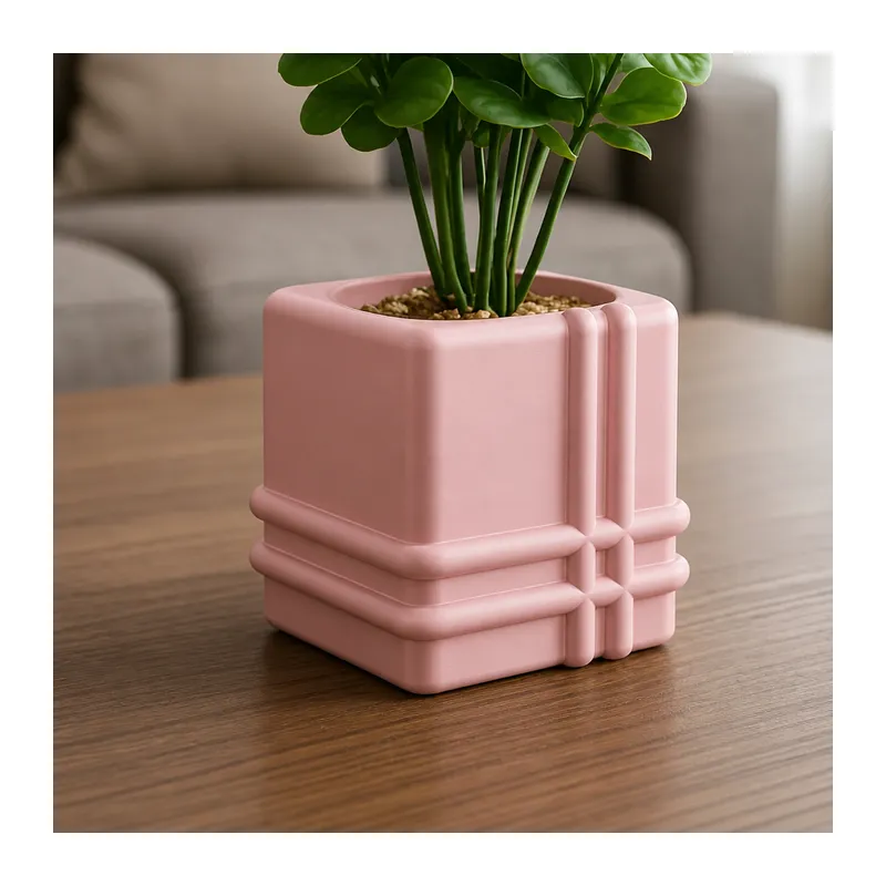 3D Baskı Square Planter - Izgara Desenli Küp Saksı-Pembe