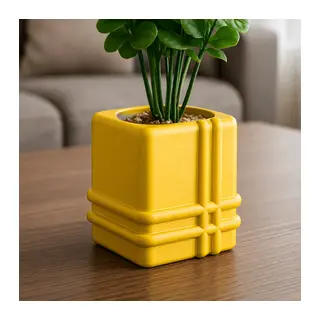 3D Baskı Square Planter - Izgara Desenli Küp Saksı-Sarı