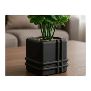 3D Baskı Square Planter - Izgara Desenli Küp Saksı-Siyah