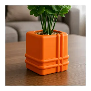 3D Baskı Square Planter - Izgara Desenli Küp Saksı-Turuncu