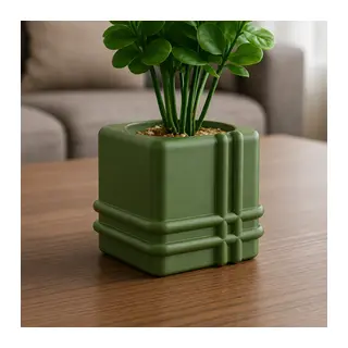 3D Baskı Square Planter - Izgara Desenli Küp Saksı-Yeşil