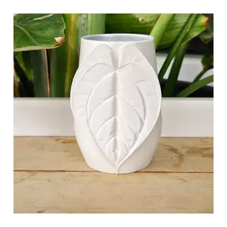 3D Baskı Yaprak Desenli Kap - Kalp Yaprağı Süslemeli Dekoratif Kap-Beyaz