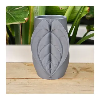 3D Baskı Yaprak Desenli Kap - Kalp Yaprağı Süslemeli Dekoratif Kap-Gri
