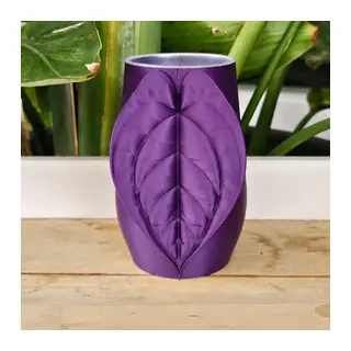 3D Baskı Yaprak Desenli Kap - Kalp Yaprağı Süslemeli Dekoratif Kap-Mor