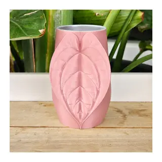 3D Baskı Yaprak Desenli Kap - Kalp Yaprağı Süslemeli Dekoratif Kap-Pembe