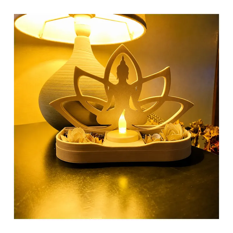 3D Baskı Lotus Buda Mumluk - Dekoratif Tealight Mumluk-Bej