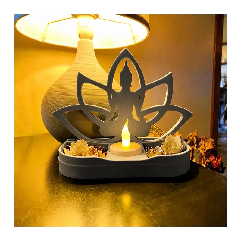 3D Baskı Lotus Buda Mumluk - Dekoratif Tealight Mumluk-Gri