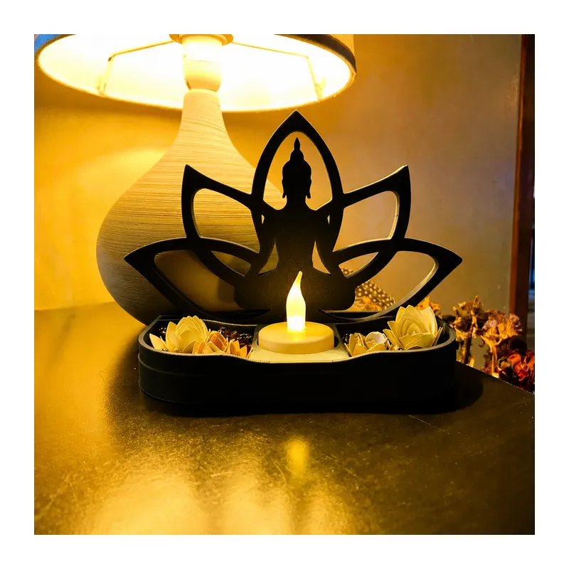 3D Baskı Lotus Buda Mumluk - Dekoratif Tealight Mumluk-Siyah