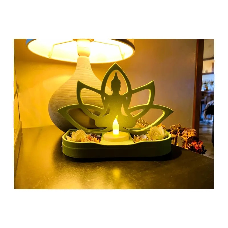 3D Baskı Lotus Buda Mumluk - Dekoratif Tealight Mumluk-Yeşil