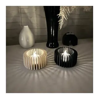 3D Baskı Modern Çizgili Mumluk - Tealight Mumluk (1 Adet)-Bej