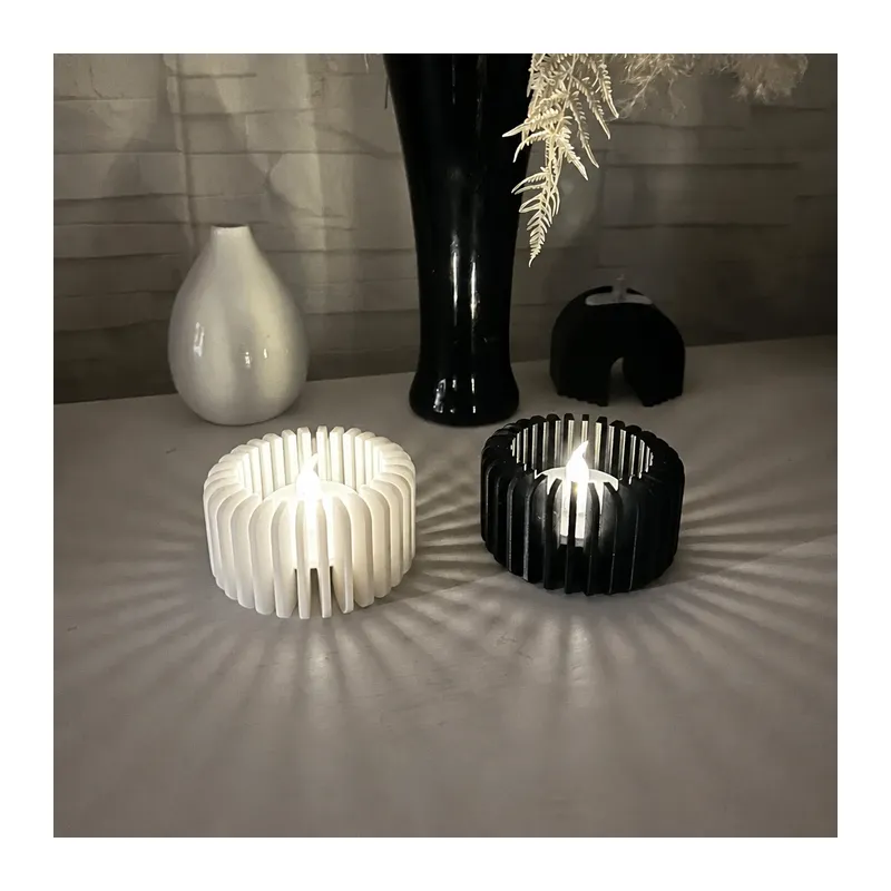 3D Baskı Modern Çizgili Mumluk - Tealight Mumluk (1 Adet)-Beyaz