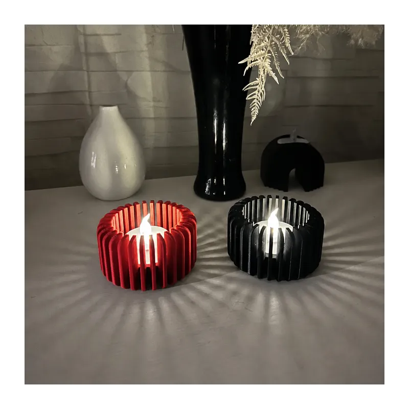 3D Baskı Modern Çizgili Mumluk - Tealight Mumluk (1 Adet)-Kırmızı