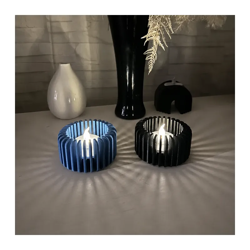 3D Baskı Modern Çizgili Mumluk - Tealight Mumluk (1 Adet)-Mavi