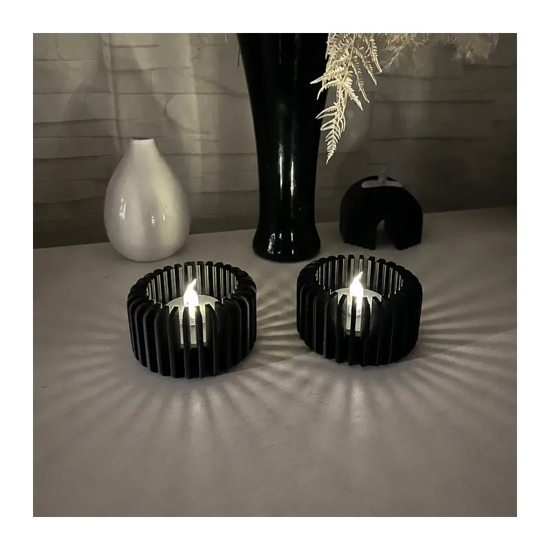 3D Baskı Modern Çizgili Mumluk - Tealight Mumluk (1 Adet)-Siyah