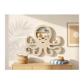 3D Baskı Ahtapot Duvar Rafı - Dekoratif Mini Raf-Bej
