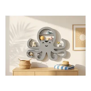 3D Baskı Ahtapot Duvar Rafı - Dekoratif Mini Raf-Gri