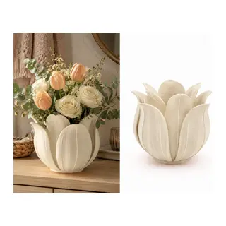 3D Baskı Lotus Yapraklı Vazo - Dekoratif Çiçeklik-Bej