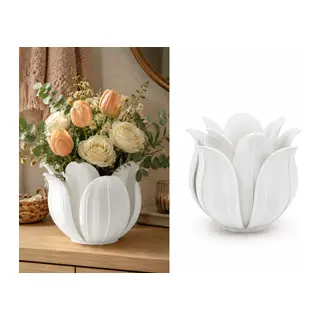 3D Baskı Lotus Yapraklı Vazo - Dekoratif Çiçeklik-Beyaz
