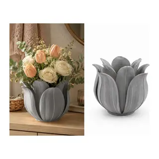 3D Baskı Lotus Yapraklı Vazo - Dekoratif Çiçeklik-Gri