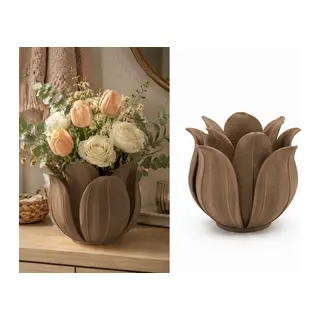 3D Baskı Lotus Yapraklı Vazo - Dekoratif Çiçeklik-Kahverengi