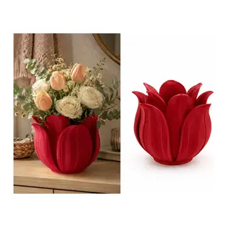 3D Baskı Lotus Yapraklı Vazo - Dekoratif Çiçeklik-Kırmızı
