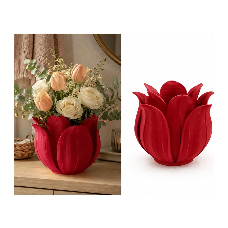 3D Baskı Lotus Yapraklı Vazo - Dekoratif Çiçeklik-Kırmızı