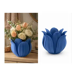 3D Baskı Lotus Yapraklı Vazo - Dekoratif Çiçeklik-Mavi