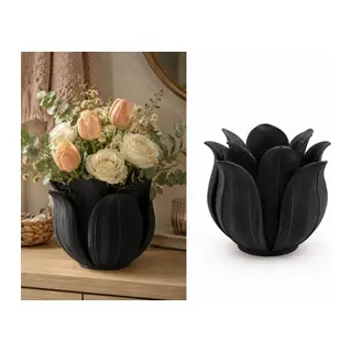 3D Baskı Lotus Yapraklı Vazo - Dekoratif Çiçeklik-Siyah