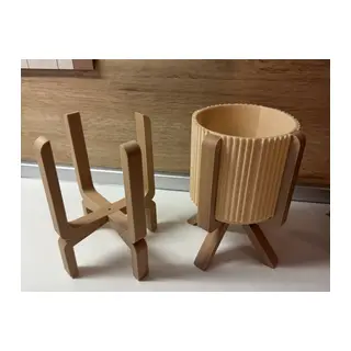 3D Baskı Ayaklı Çizgili Saksı - Bej Standlı Dekoratif Saksı - Bej