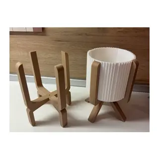 3D Baskı Ayaklı Çizgili Saksı - Bej Standlı Dekoratif Saksı - Beyaz