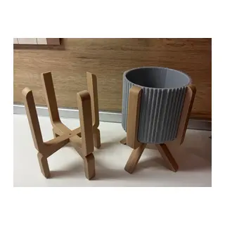 3D Baskı Ayaklı Çizgili Saksı - Bej Standlı Dekoratif Saksı - Gri