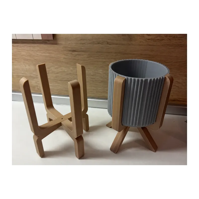 3D Baskı Ayaklı Çizgili Saksı - Bej Standlı Dekoratif Saksı - Gri