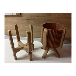 3D Baskı Ayaklı Çizgili Saksı - Bej Standlı Dekoratif Saksı - Kahverengi