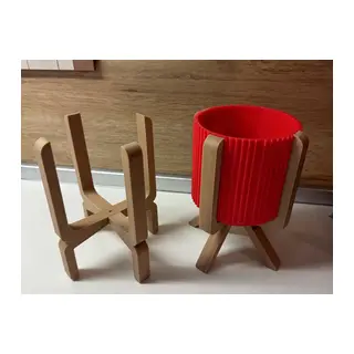 3D Baskı Ayaklı Çizgili Saksı - Bej Standlı Dekoratif Saksı - Kırmızı