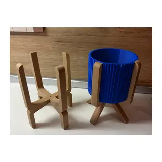 3D Baskı Ayaklı Çizgili Saksı - Bej Standlı Dekoratif Saksı - Mavi