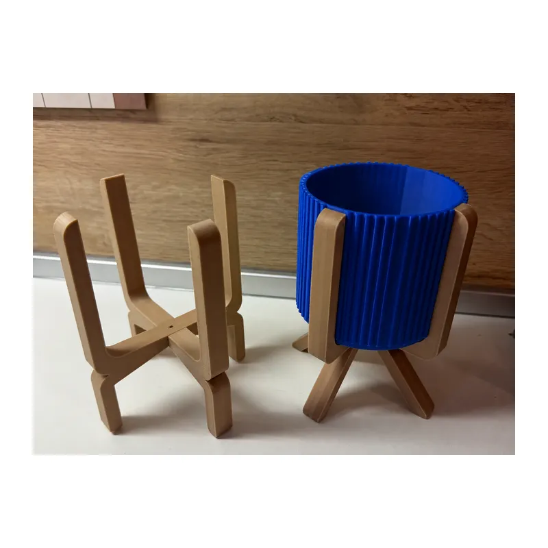 3D Baskı Ayaklı Çizgili Saksı - Bej Standlı Dekoratif Saksı - Mavi