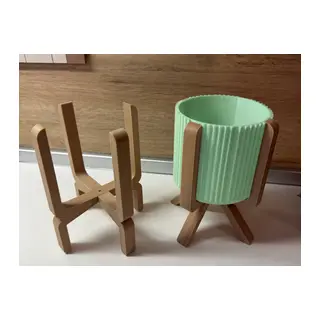 3D Baskı Ayaklı Çizgili Saksı - Bej Standlı Dekoratif Saksı - Mint